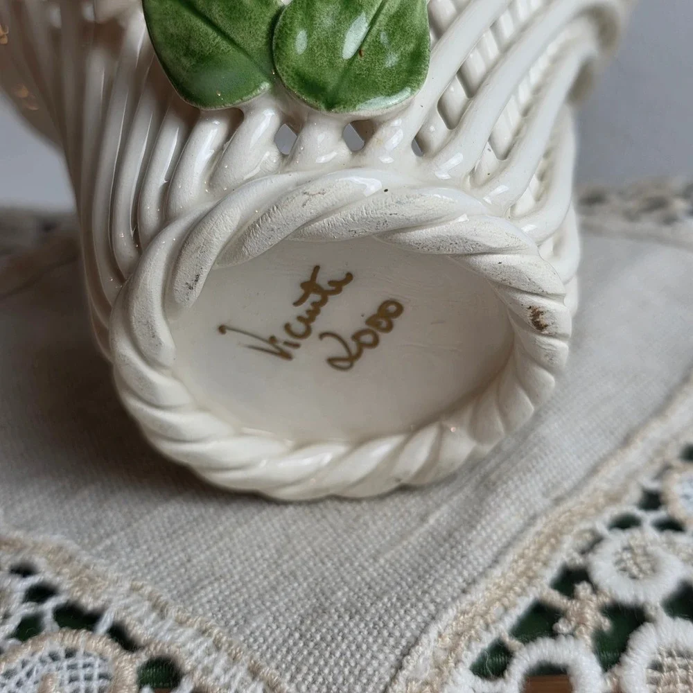 Handcrafted Lattice Ceramic Basket Flared Lady Slipper Belleek signed Vicente